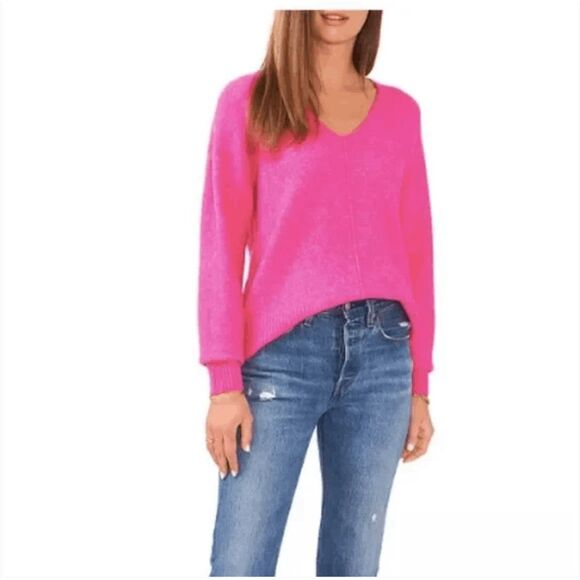 Vince Camuto Cozy Paradox Sweater Pink Drop Shoulder V-Neck Exposed Seams S - Picture 3 of 7
